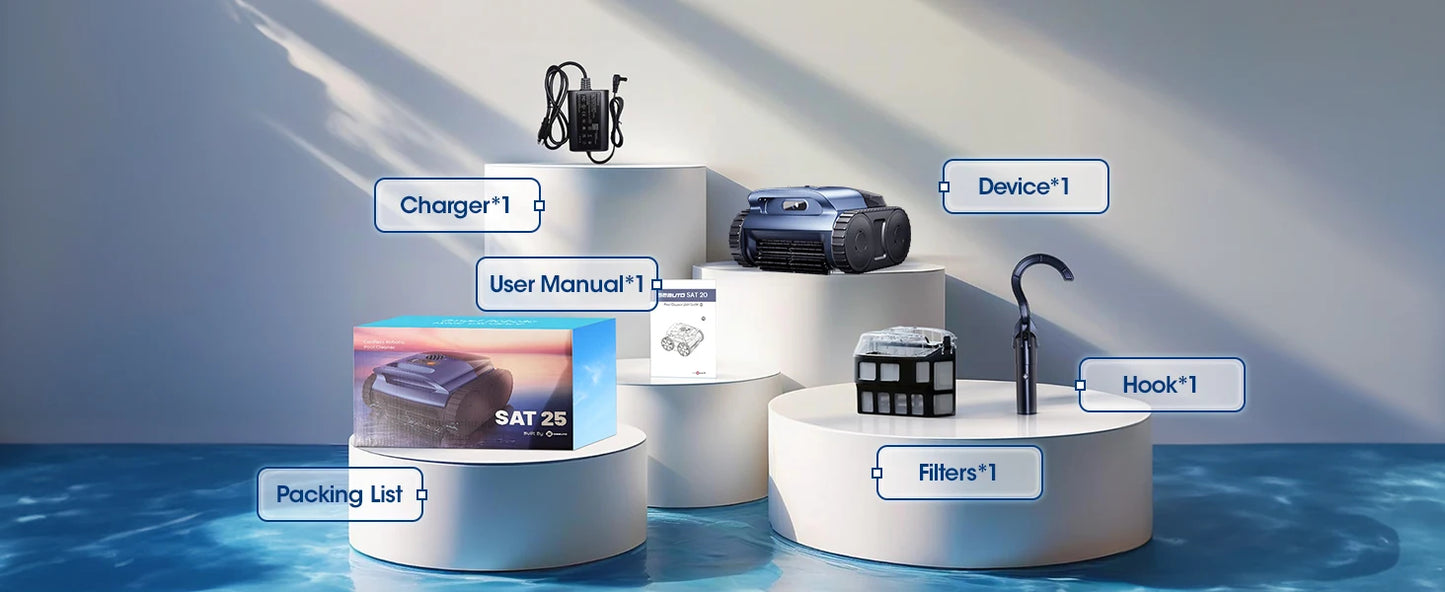 Cordless Aqua pool cleaner removing dirt and leaves